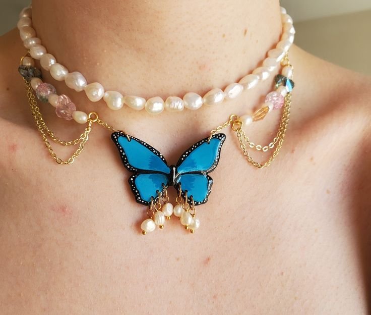 🦋 Azure Butterfly Pearl Necklace